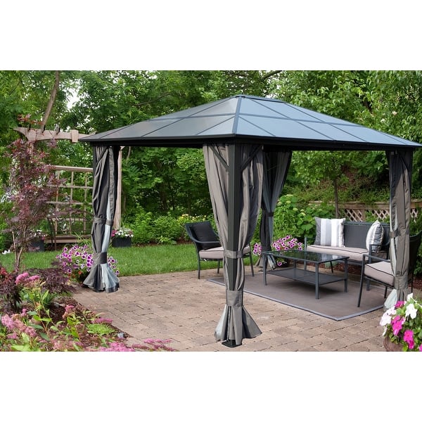 slide 2 of 7, Kozyard 10ftx12ft' Polycarbonate Top Aluminum Permanent Gazebo with a Mosquito Net and Privacy Curtain Grey