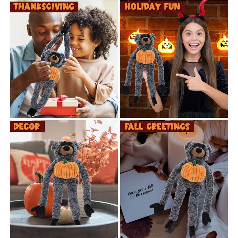 DolliBu Soft Long Arms Black Bear Stuffed Animal with Pumpkin Decor - 21 inches
