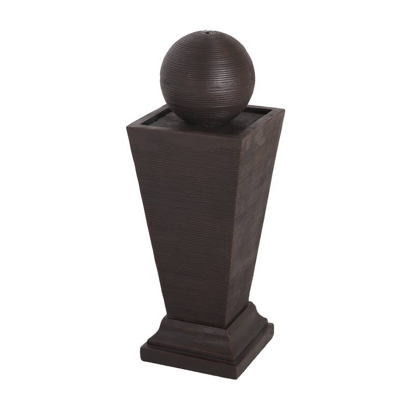 Roomfitters 35.5-Inch Tall Column Outdoor Fountain with Sphere Topper and LED Lights, Concrete Retro Garden Oasis, Dark Brown