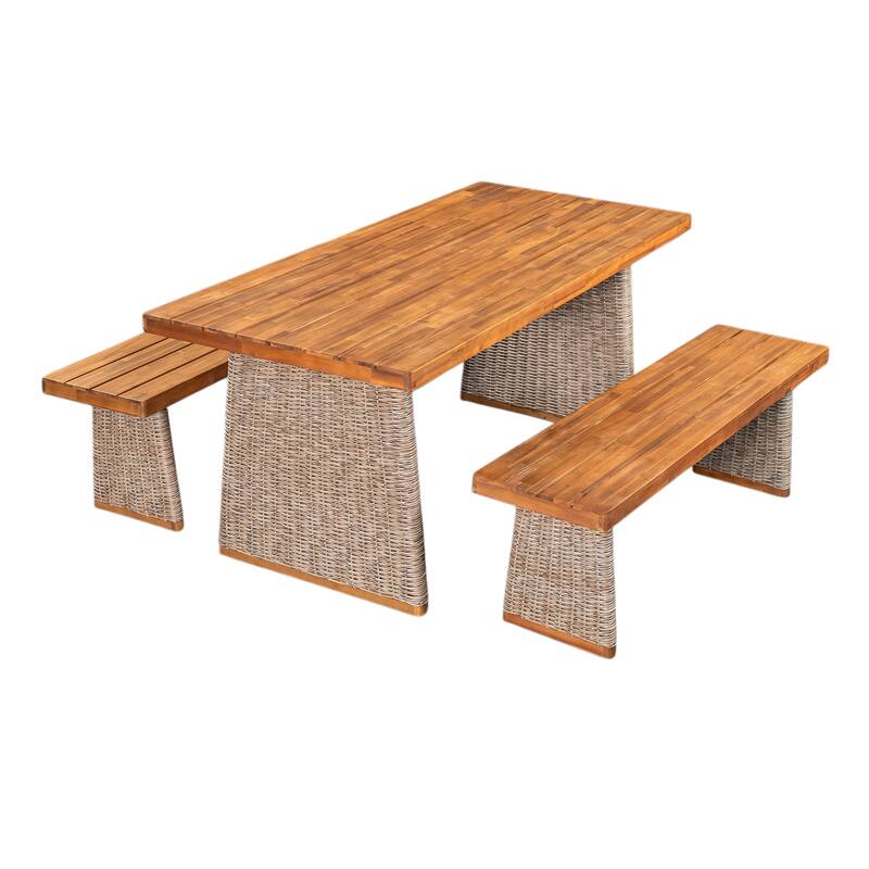 Roomfitters Outdoor Acacia Wood Dining Table Set with 1 Table and 1 Bench