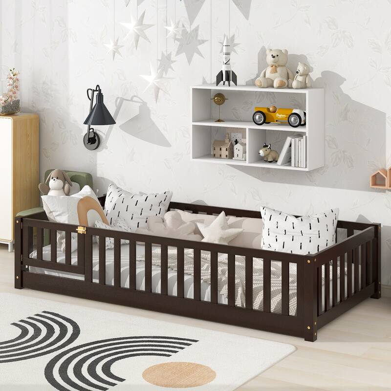Twin size Floor Platform Bed with Fence and Door
