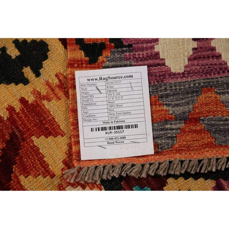 Orange Kilim Oriental Area Rug Hand-Woven Geometric Wool Carpet - 8'0"x 11'8"