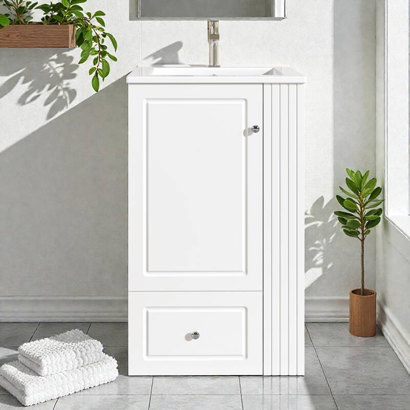 20" Small Bathroom Vanity with Ceramic Sink, Soft-Close Drawer, Open Shelves & Towel Bar, Modern MDF Freestanding Cabinet