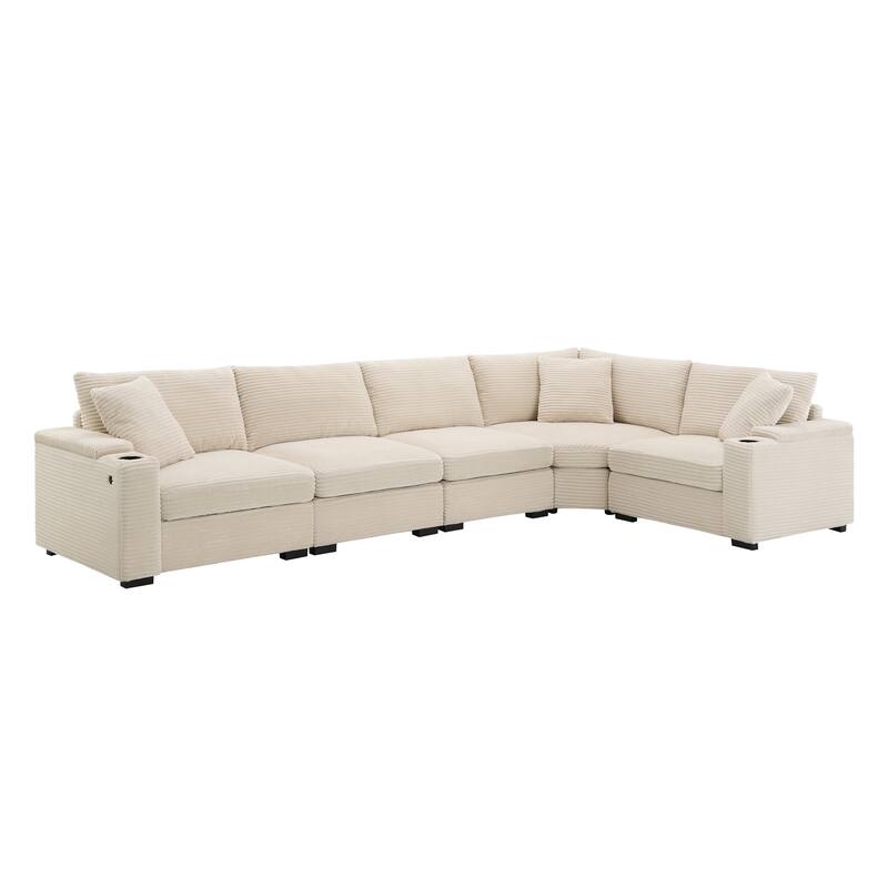 Convertible L Shaped Sectional Sofa, Oversized Corduroy Upholstered Sofa, Modular Corner Sofa with Cup Holders & USB Charger
