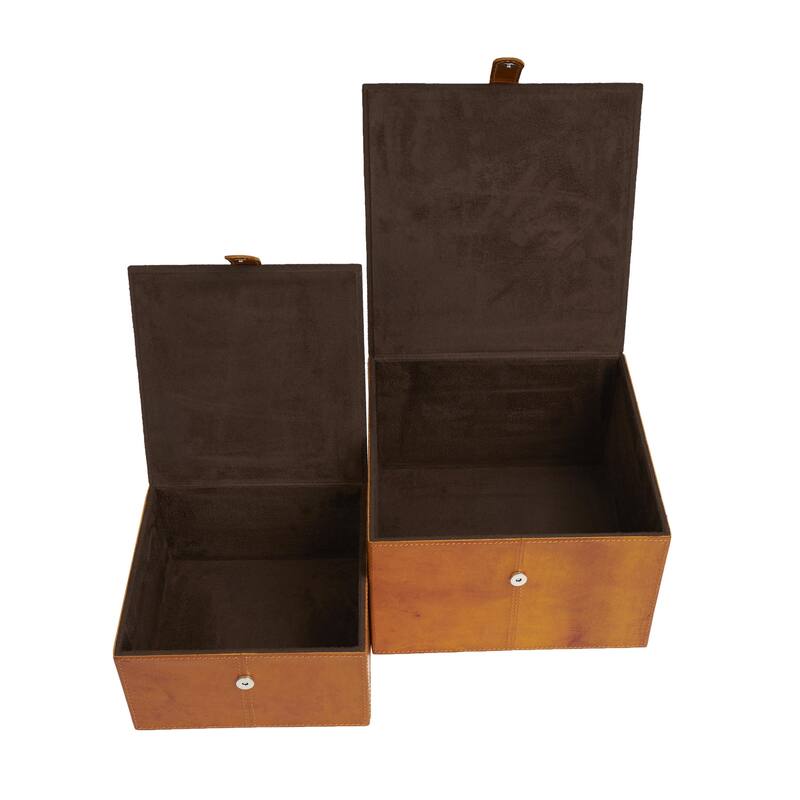 Leather Handmade Decorative Box with Hinged Lid - Set of 2 Gray, Brown, Dark Brown, Gold, Silver - Roche River Decor