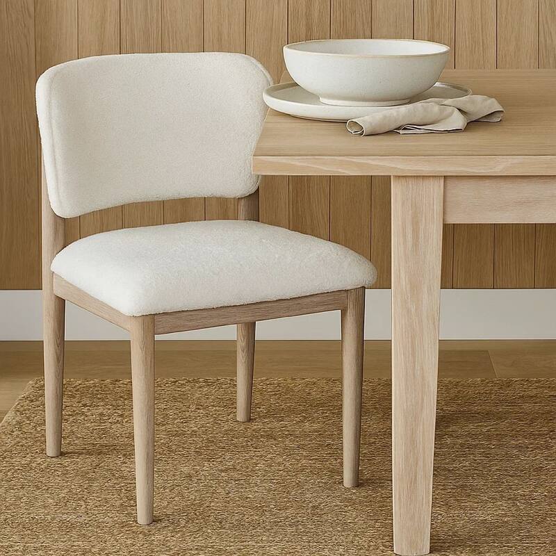 Dining Side Chair Set of 2, Plush White, Open Back, Natural Gray Wood