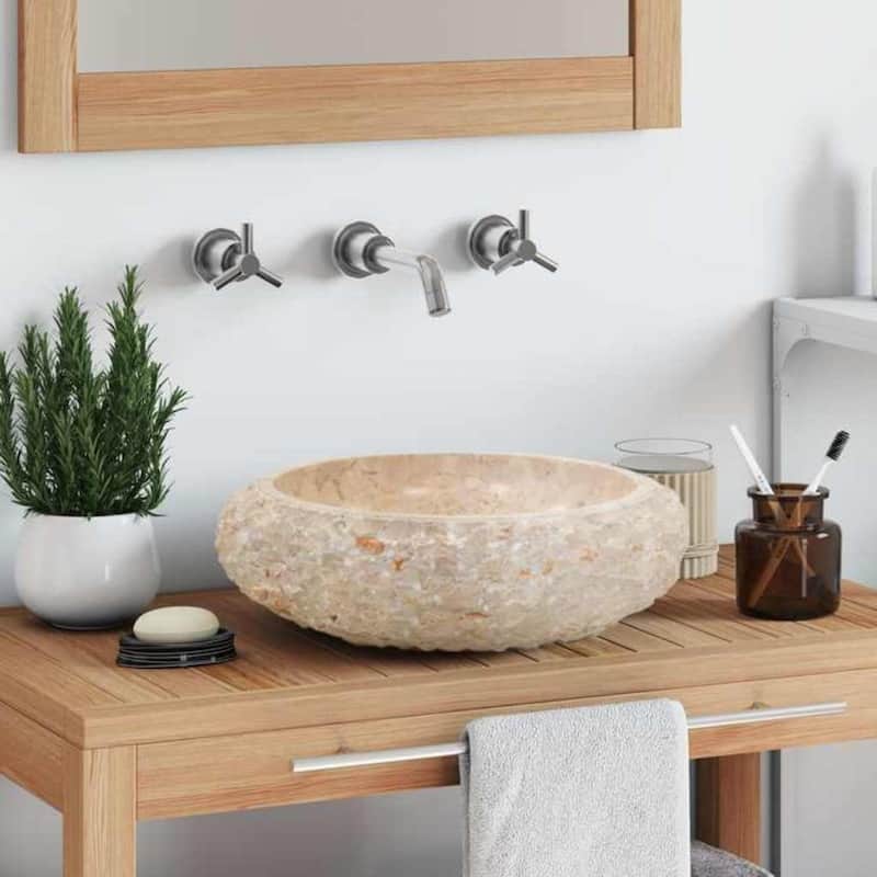 vidaXL Bathroom Basin, Ø15.7x4.7 Inches, Marble Round - 15.7"x4.7" - Cream