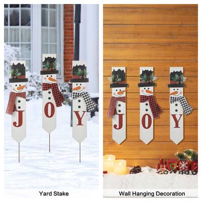 Glitzhome Set of 3 Wooden & Metal Snowman Yard Stake - JOY