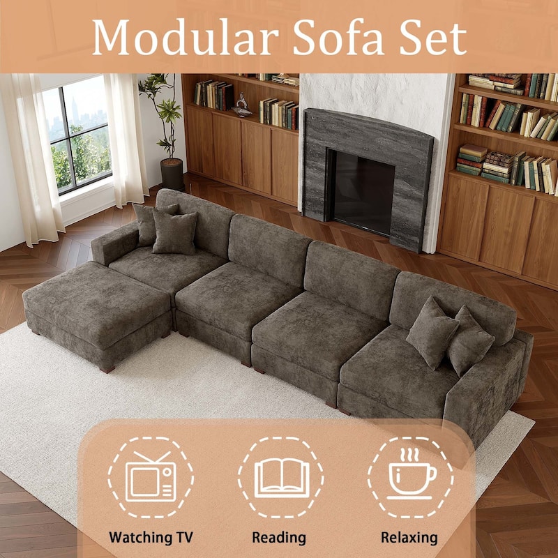 Oversized Chenille Modular Sectional Sofa Living Room Set with Ottoman