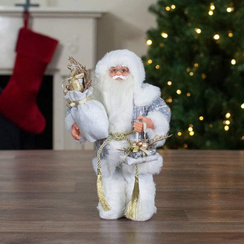 12" White Gold Santa Carrying a Full Sac Of Presents Figure