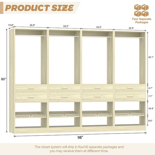 dimension image slide 6 of 8, 25'' W Freestanding Closet System with 2 Wooden Drawers and Adjustable Shoes Rack and Hanging Rod,Walk-in Closet Organizer