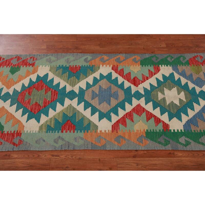 Hand Woven Oriental 100% Wool Carpet Southwestern Geometric Green Kilim Runner Rug - 13' 1'' X 2' 7''