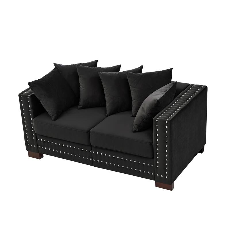 Velvet Loveseat Sofa with Storage, Comfy Upholstered Deep Seat Sofa, 2-Seater Sofa with Nailhead Trim & 6 Throw Pillows