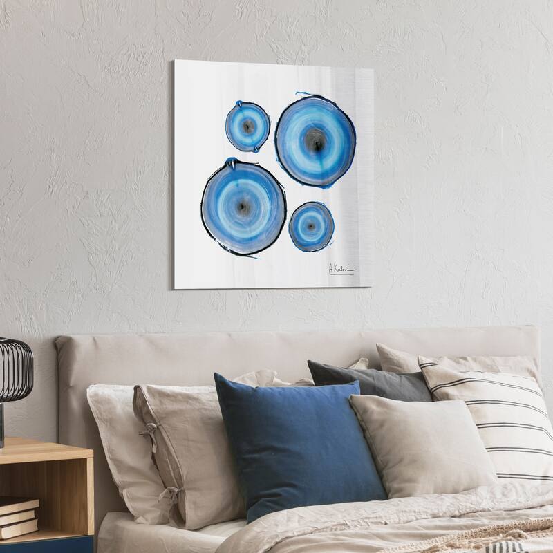 "Mineral Rings II" Abstract Wall Art on Frameless Free Floating Tempered Glass Panel - Blue