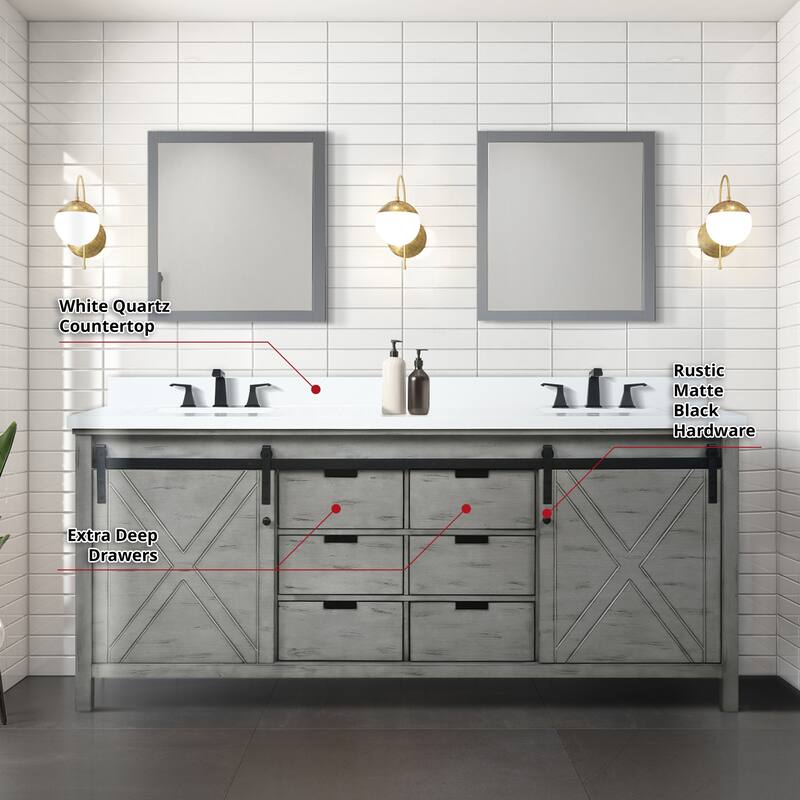Marsyas 80 in W x 22 in D White Double Bath Vanity, Grey Quartz Countertop, Faucet Set and 30 in Mirrors