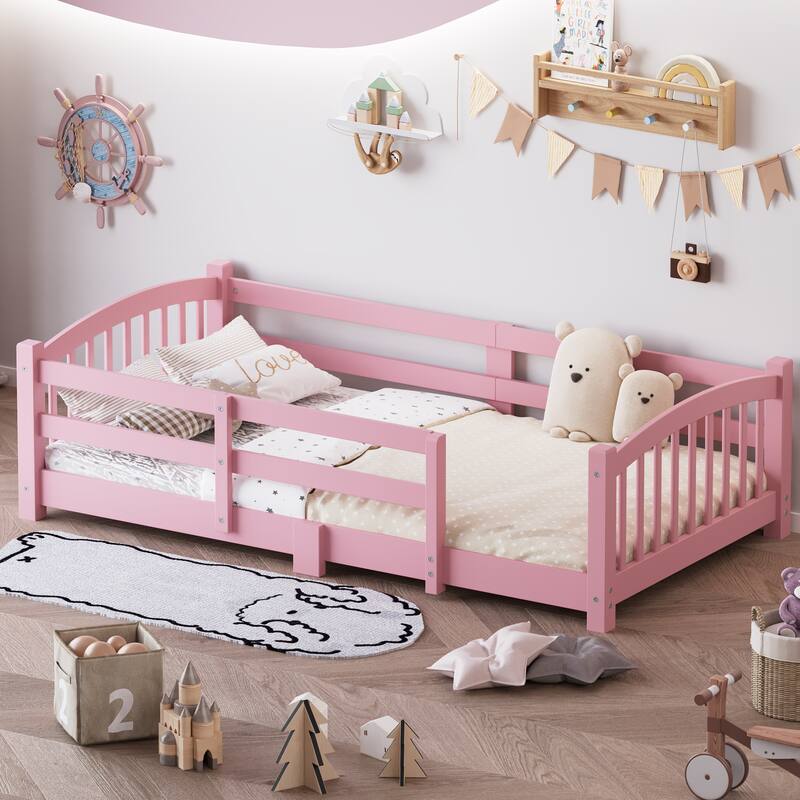 Montessori Floor Bed with Fence - Full/Twin Solid Wood, Slats & Safety Guardrails, Easy Assemble - Pink - Twin