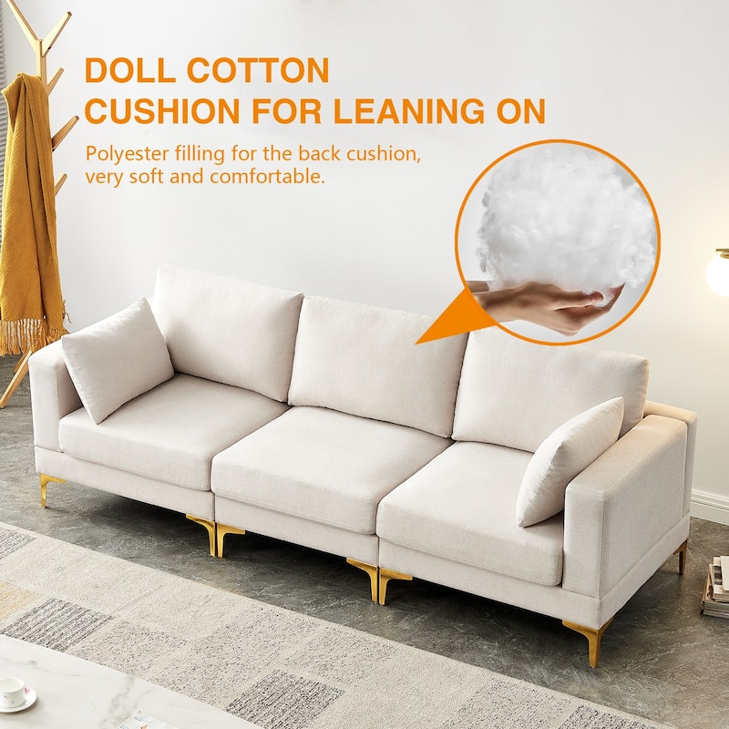 92'' Fabric L-Shape 3-Seater Sofa with Ottoman, Gold Metal Legs, and Toss Pillows