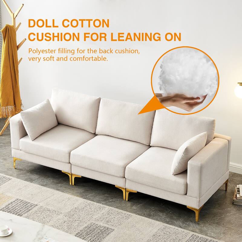 Beige 92'' Turquoise L-Shaped 3-Seater Sofa with Ottoman, 2 Pillows, Gold Metal Legs, and Polyester Fabric