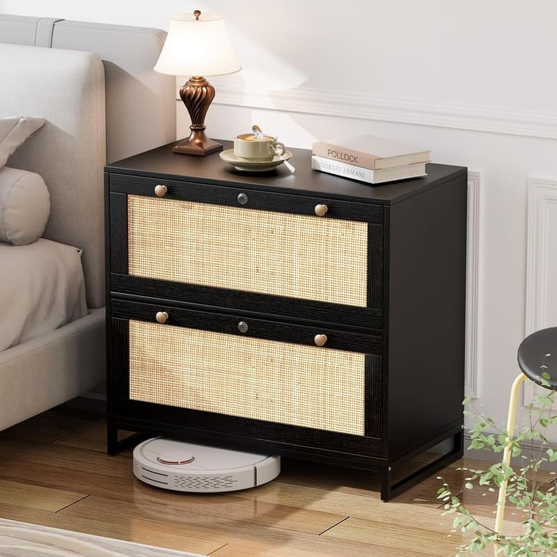 Wood Rattan 2-Drawer Lateral File Cabinet with Lock for Home Office