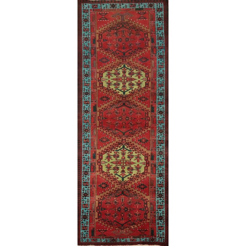 Hand Knotted Oriental 100% Wool Carpet Traditional Geometric Red Ardebil Runner Rug - 10' 6'' X 3' 4''