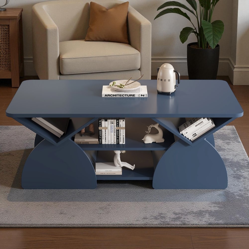 47.2'' Modern Engineered Wood Coffee Table with Open Storage Shelves, Rounded Corners & Sturdy Frame for Living Room