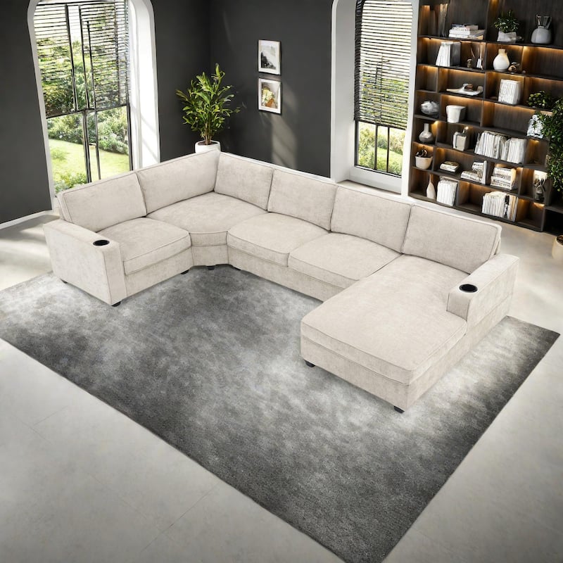 119*67" Chenille Upholstered U-Shaped Corner Sectional Sofa with Oversized Chaise Lounge and Cup holder - Beige