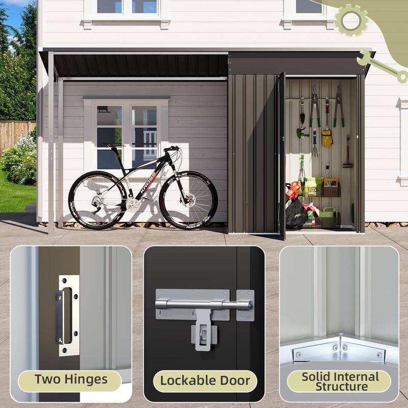 AECOJOY Outdoor Open-Sided Storage Shed Tool Shed Attached Hardtop Metal Pergola Gazebo