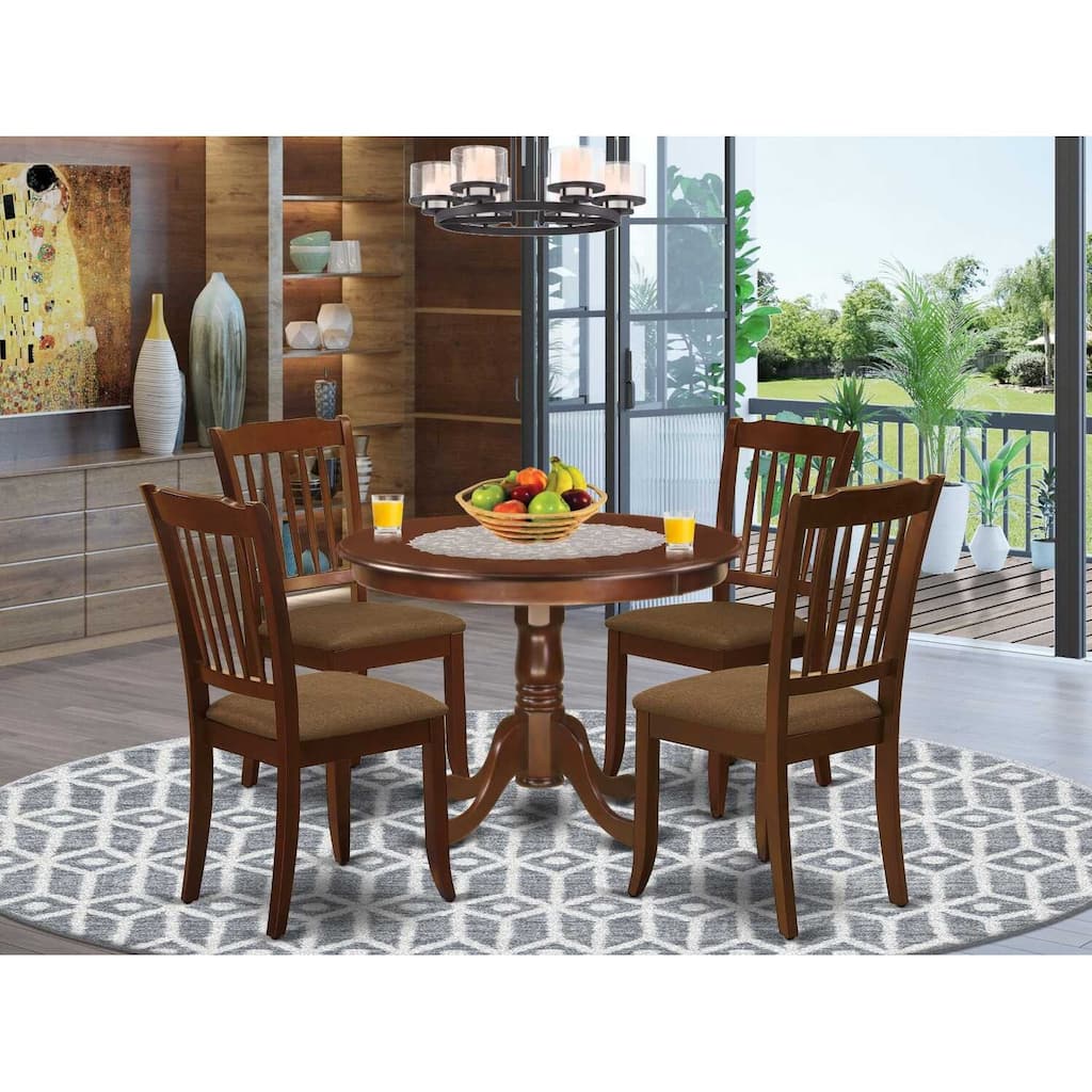 HomeStock 5-Piece Round Mahogany Finish Solid Wood Top Dining table with 4-Chairs with Slat Back