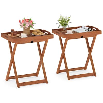 Gymax Solid Wood Tray Table Set of 2 w/Removable Top Rectangular TV