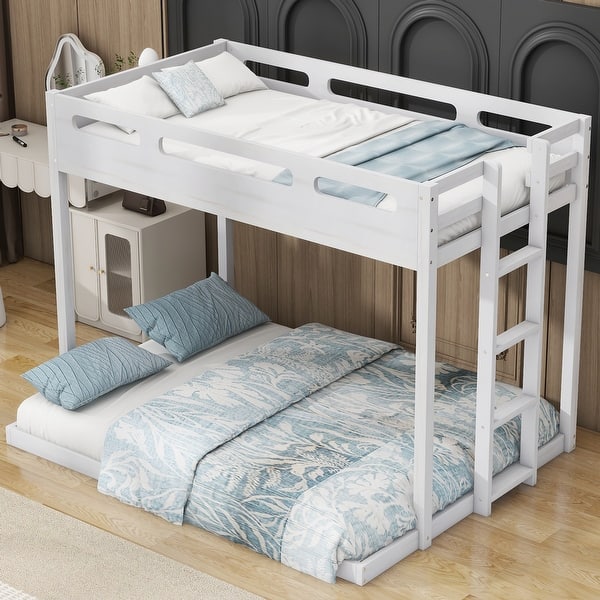 slide 2 of 11, White Twin over Full Solid Wood Bunk Bed with Built-in Ladder White
