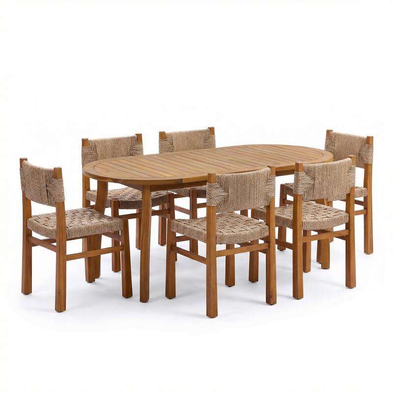 Christopher Knight Home - Tsuneko 7-Piece Outdoor Acacia Wood Dining Set with Woven Wicker Chairs & 70" Oval Dining Table