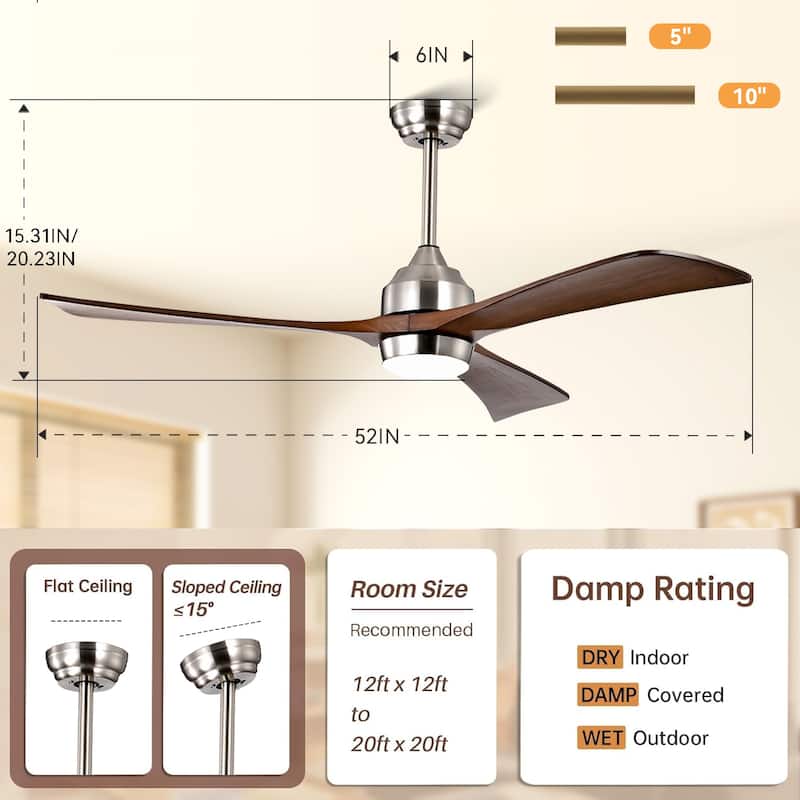 52" Ceiling Fan with Lights Remote Control,Quiet DC Motor 6 Speed Levels,Reversible Blades, for Patio Living Room, Bedroom