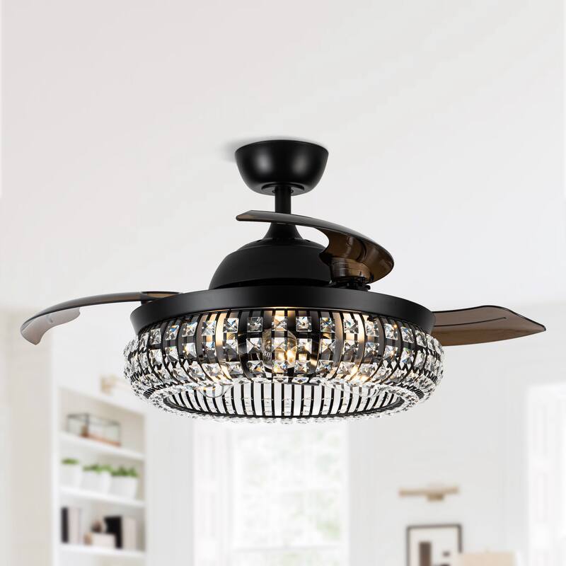 Modern 3-Blade Matte Black Crystal Caged Retractable Ceiling Fan with Remote and Light Kit - 41.73-in W x 16.2-in H