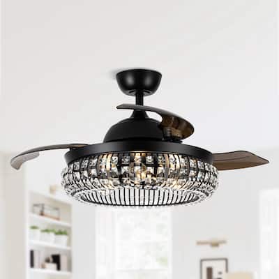 Modern 3-Blade Matte Black Crystal Caged Retractable Ceiling Fan with Remote and Light Kit - 41.73-in W x 16.2-in H