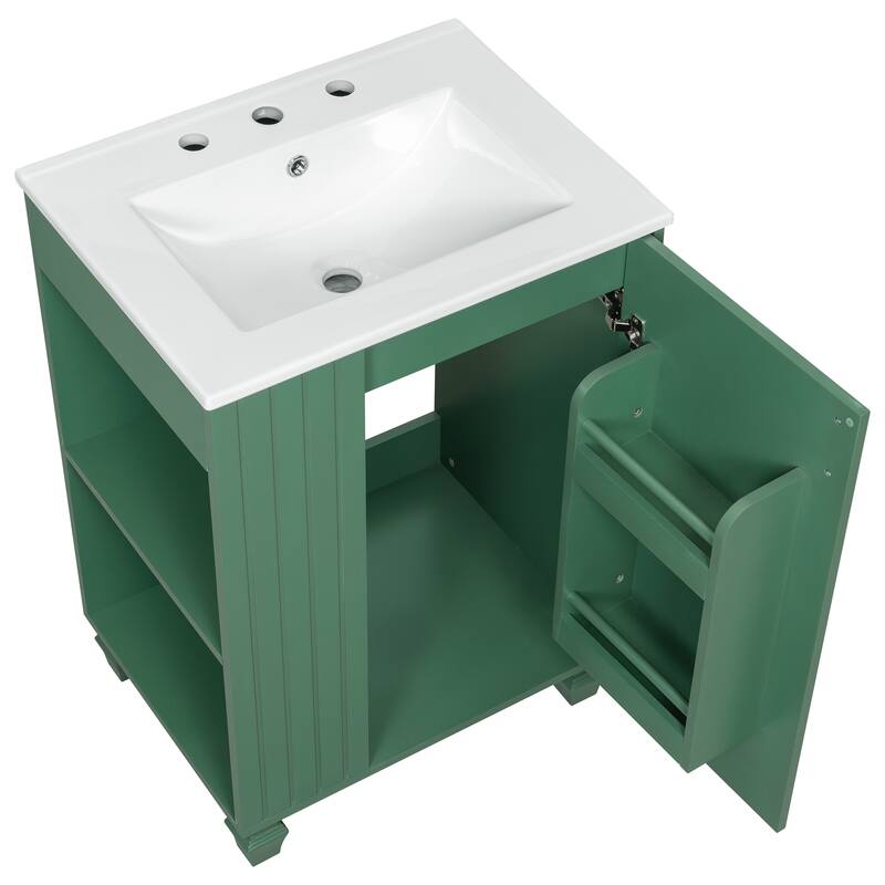 24" Bathroom Vanity with Ceramic Sink, Soft Closing Door and Side Open Storage, Solid Wood Frame Bathroom Cabinet