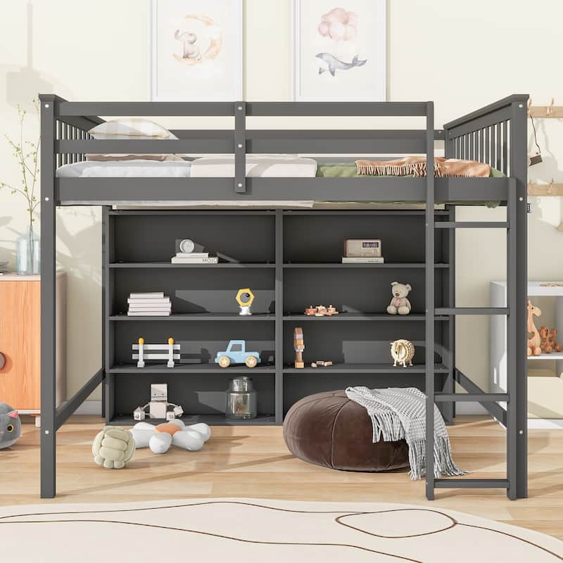 Full Loft Bed with Storage Shelves, Wood Loft Beds Frame with Bookcase, High Loft Bed with Ladder for Kids Boys Girls Teens - Grey