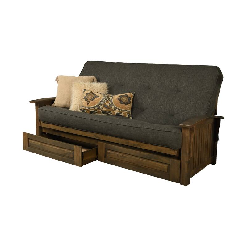 Somette Washington Queen-size Storage Futon Set in Rustic Walnut with Linen Mattress - Linen Charcoal