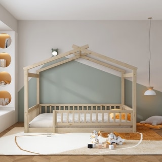 Full Size Wood Bed House Bed Frame with Fence for Kids, Teens,Natural ...