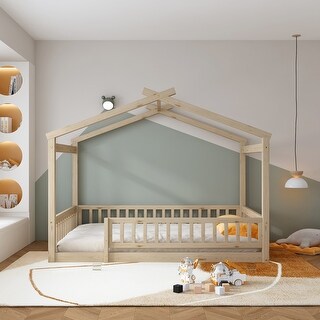 Natural Full Size Wood Bed House Bed Frame with Fence for Kids