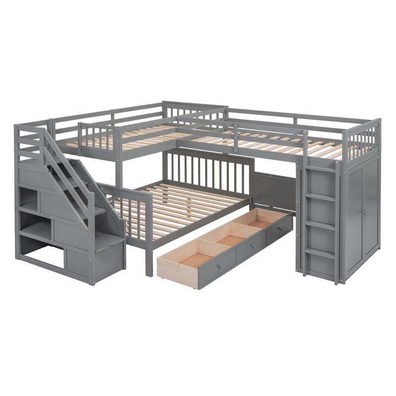L-Shaped Bunk Bed, Twin-Twin Over Full Wood Bed with Wardrobe, Foldable Desk, Drawers and Shelves