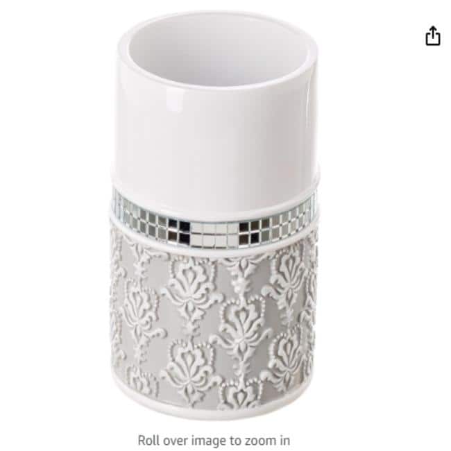 Creative Scents Mirror Damask Gray and White Bathroom Tumbler Cup - White /Grey - Grey/White