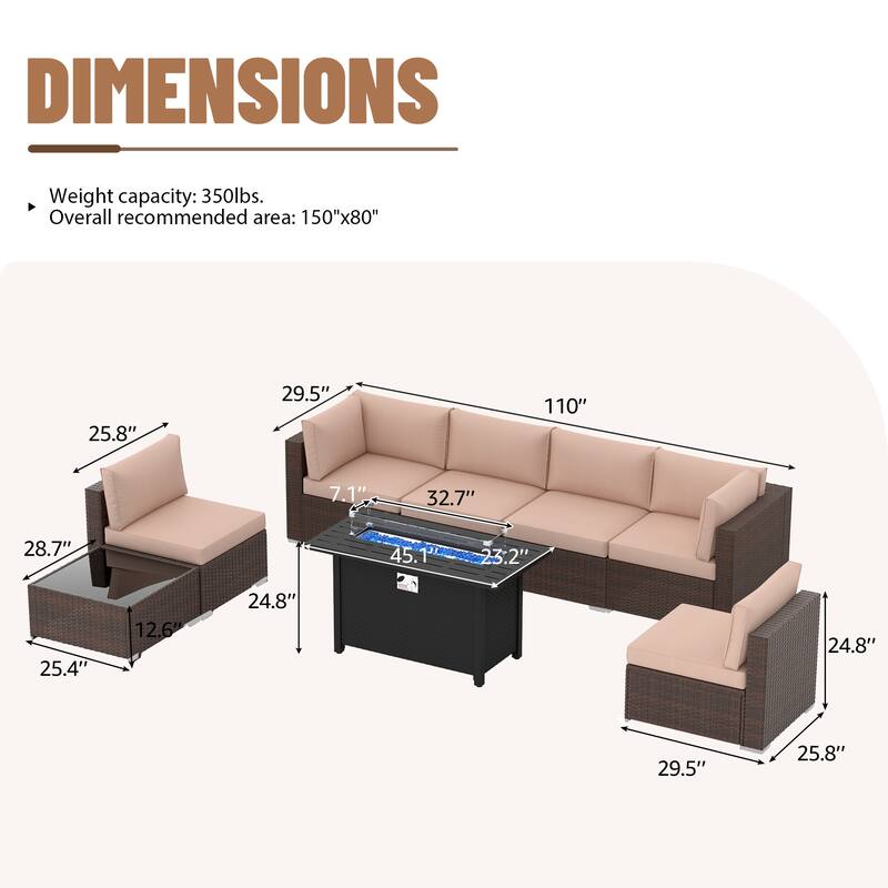 Outdoor Wicker Sectional Sofa 8-Piece Set with Fire Pit Table
