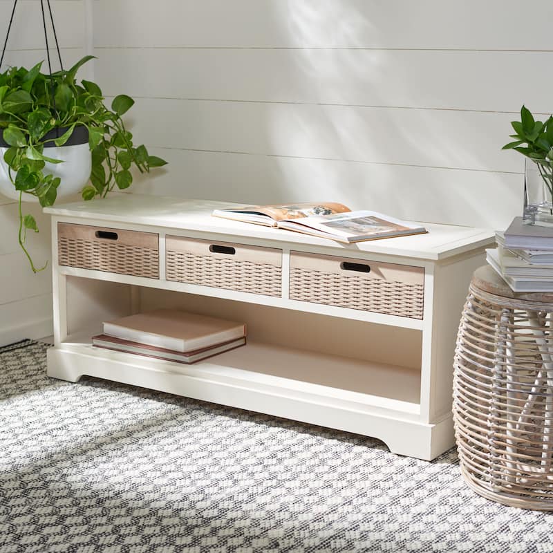 SAFAVIEH Landers 3-Drawer Bottom Shelf Storage Bench - 47.3" W x 15" L x 19" H - Distressed White