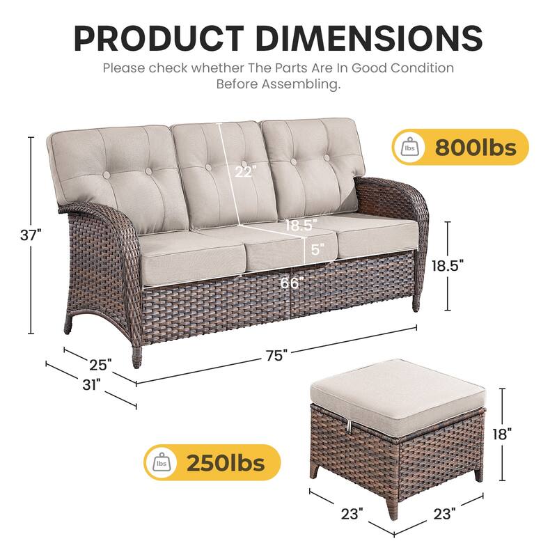 Gymojoy 3-Piece Outdoor Wicker Patio Furniture Set, 5" Thick Cushioned Rattan Sofa with Ottomans