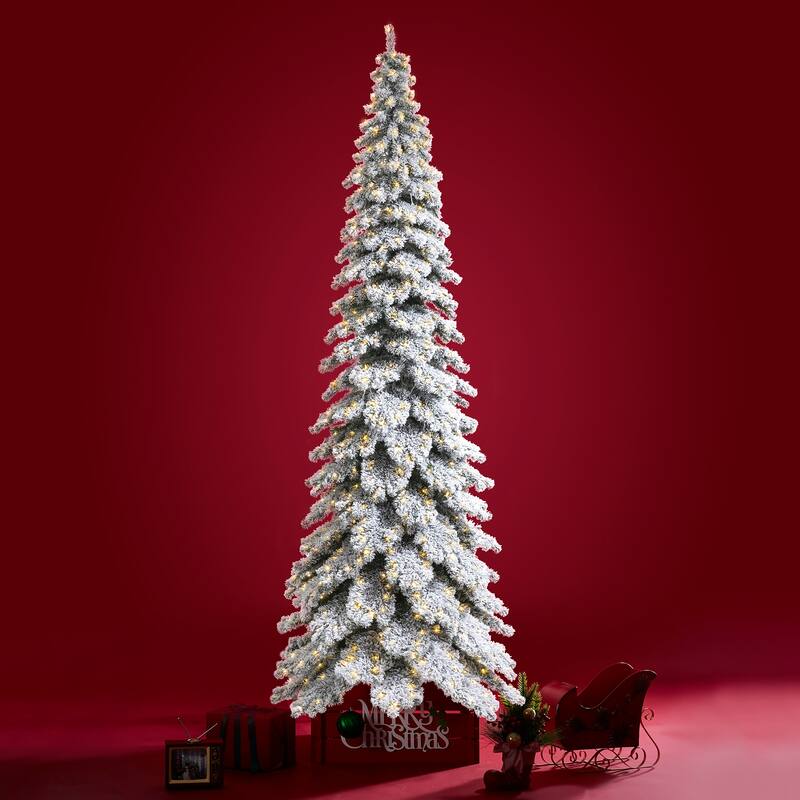 Glitzhome 12ft Pre-Lit Flocked Slim Spruce Artificial Christmas Tree with 900 Lights