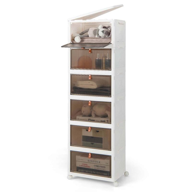 6Tier Stackable Plastic Storage Bins Storage Organizer w/ Lids &Doors - White