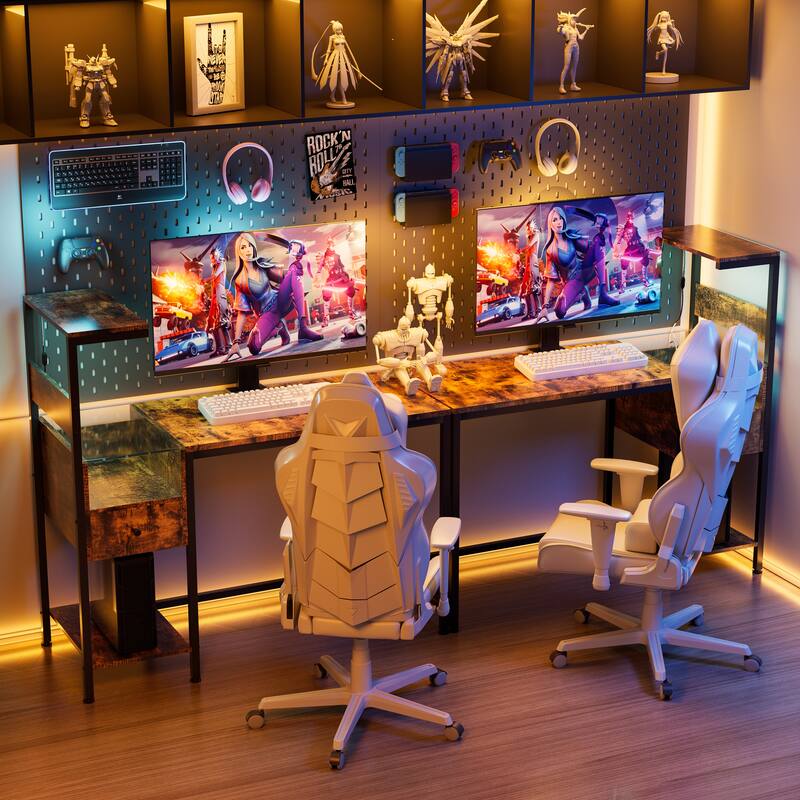 48" Study Writing Desk with Reversible Shelves, USB Charging Ports, LED Lights, and Drawer