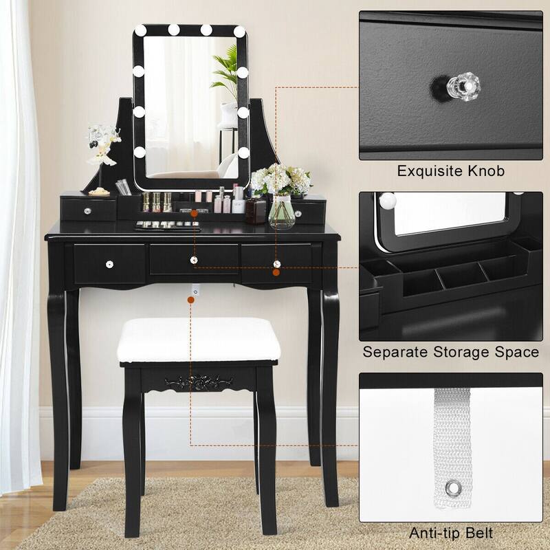 Dimmable Bulbs Touch Switch Vanity Dressing Table Set with Removable Box - 31.5" x 16" x 53.5" (L x W x H)