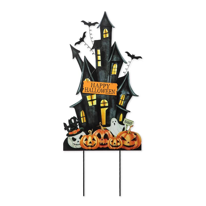 Glitzhome 32"H Happy Halloween Metal Haunted House Yard Stake