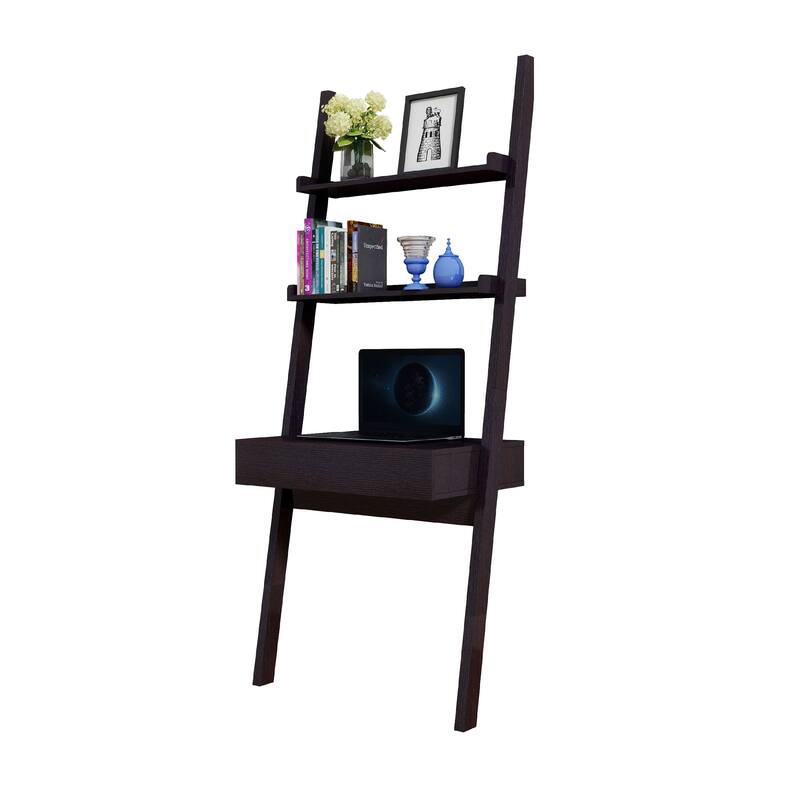Tall Desk with Ladder Shelves, 1 Drawer 2 Shelves, 72 Inch, Brown Wood
